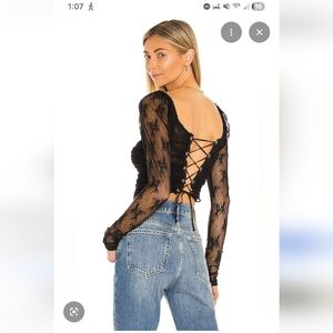 Free People Black Corset Lace Women's Blouse Xl Sheer Long Sleeve  Witchy Goth